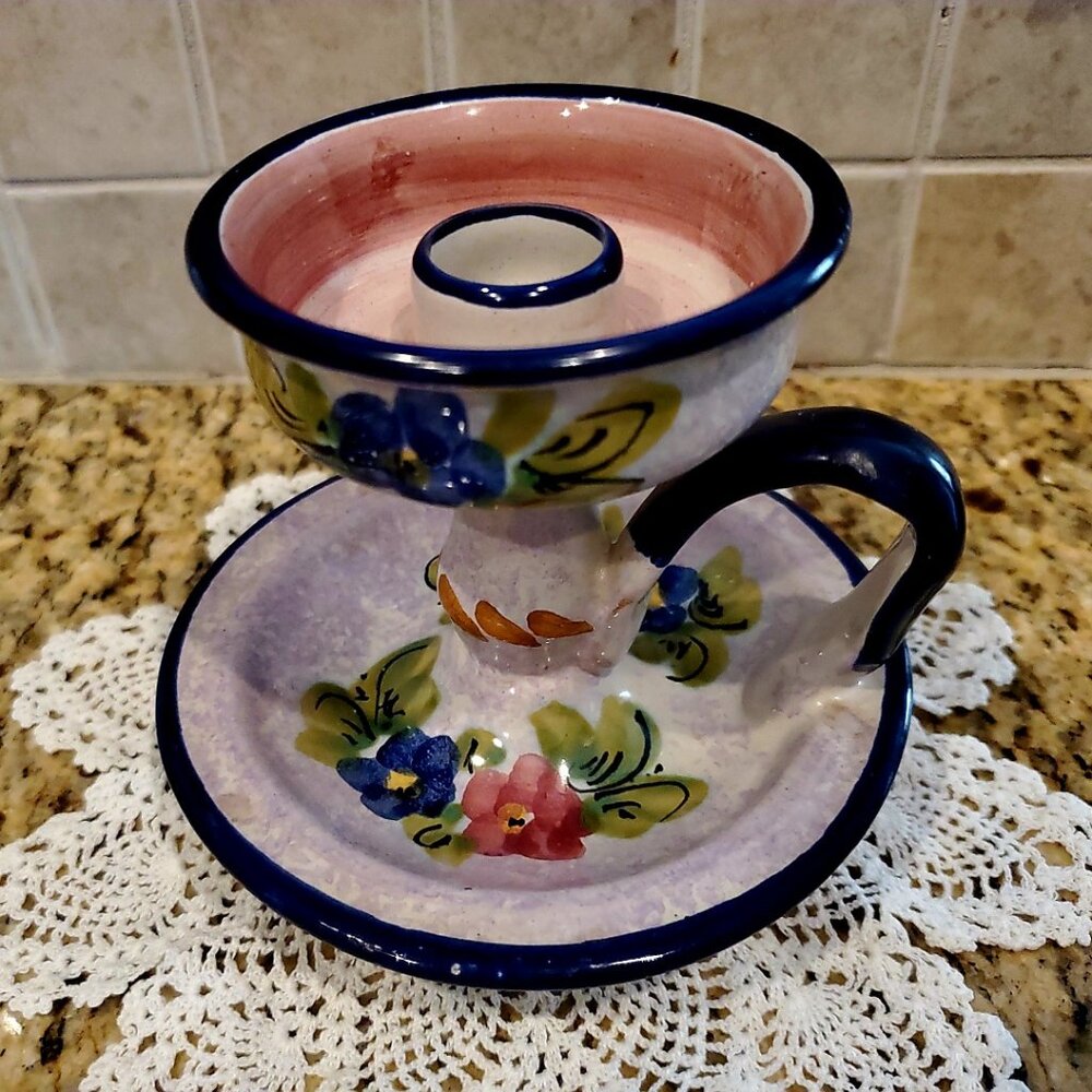 Vintage Signed Handmade Handpainted Floral Candlestick Art Studio Pottery